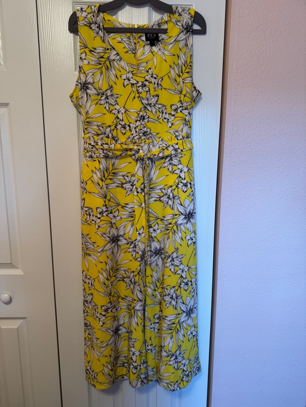 ECI Bright Yellow Floral Sleeveless  Jumpsuit with Tie Waist
